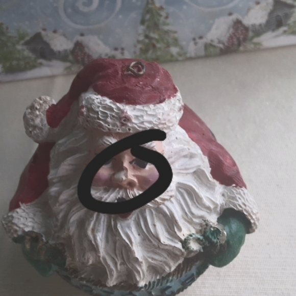 Set of 5 ornaments. Santa rejoice ornament & 4 elf with stack package ornaments. - Picture 6 of 8